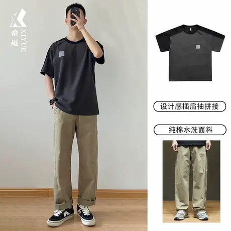 小红书爆款校园穿搭2025夏季男士套装重磅纯棉短袖t恤休闲直筒裤商品大图