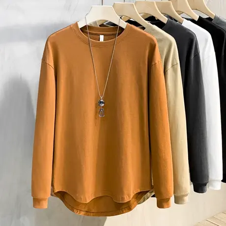 长袖t恤男纯棉薄款宽松上衣纯色日系圆领打底衫男士卫衣春秋新款图片