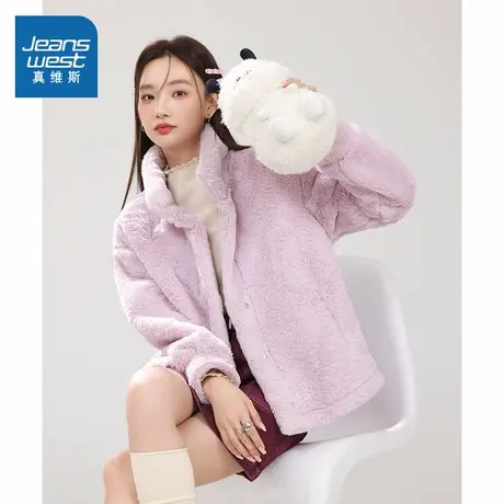 NOB真维斯毛绒外套女2025新款秋冬季加绒立领开衫短款慵懒风上衣图片