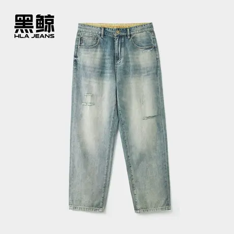 海澜之家旗下黑鲸小破洞牛仔裤男25年春季新品裤子宽松直筒男裤图片