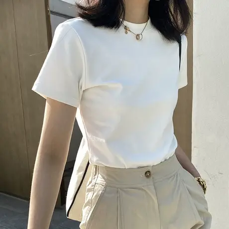 KMV真维斯白色紧身短款短袖女t恤2025新款夏季正肩设计感薄款体恤商品大图