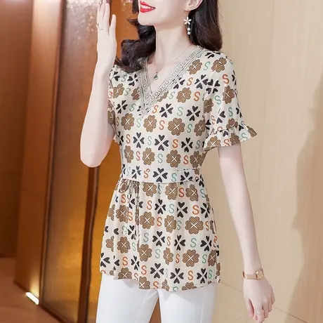 中长款宽松收腰雪纺衫女短袖夏季2023年新款洋气时尚印花气质小衫商品大图