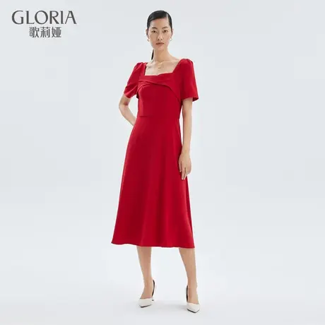 歌莉娅连衣裙女款高级感三醋酸方领礼服裙气质红色长裙121C4F660商品大图