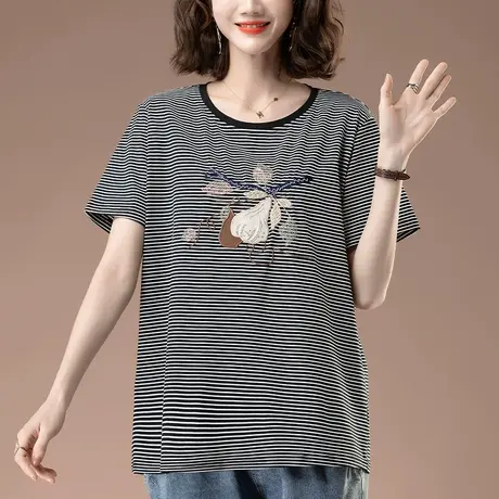 条纹短袖t恤女夏季宽松加肥加大码女装中年妈妈刺绣纯棉显瘦体恤商品大图