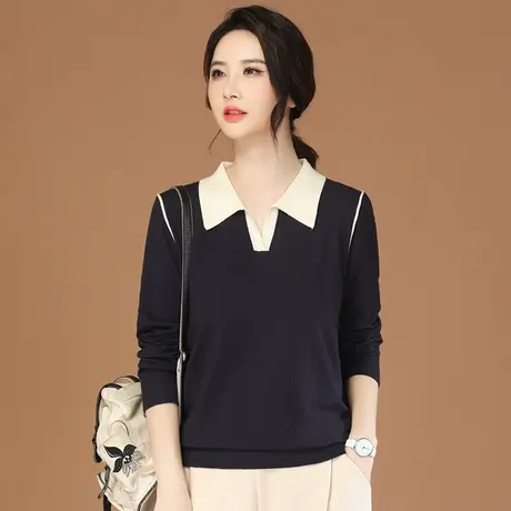 韩潮袭人POLO领长袖撞色针织衫女2023秋季新款宽松休闲毛衣上衣商品大图