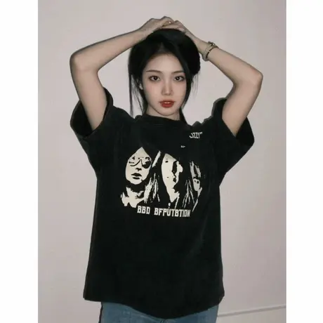 100%纯棉美式复古短袖t恤女ins国潮牌夏季2025新款小个子宽松上衣商品大图