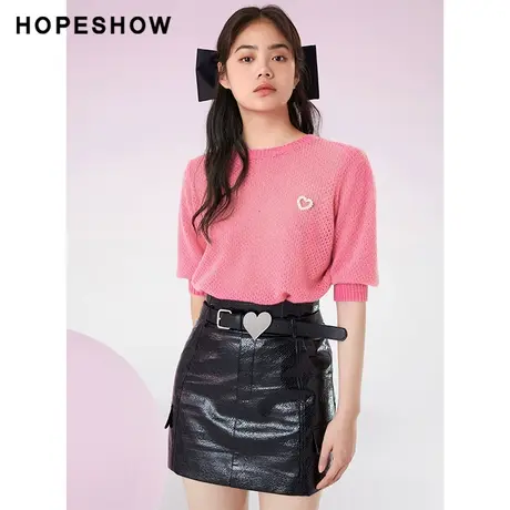 红袖outlets爱心胸针套头上衣hopeshow2022春季款短袖圆领针织衫商品大图