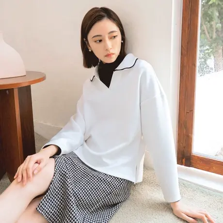 桔熊秋冬季休闲通勤V领空气棉不易皱翻领长袖上衣女装大码AB17679图片