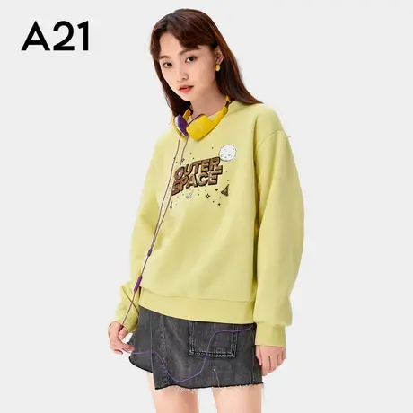 A21女装针织宽松圆领落肩长袖加绒卫衣衫商品大图