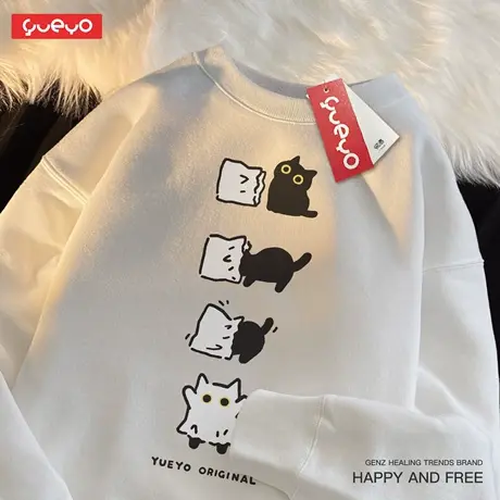 悦游 扮鬼黑猫 秋冬加绒圆领卫衣男休闲原创潮流情侣装猫咪万圣节图片