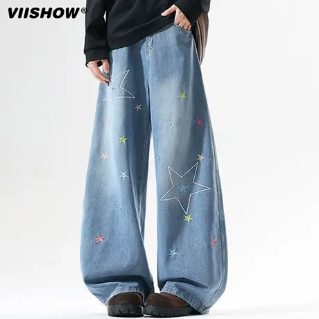 VIISHOW多巴胺星星刺绣弯刀牛仔裤男秋季复古阔腿裤宽松休闲裤子商品大图