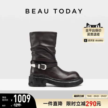 BeauToday中筒骑士靴女2025新款秋季复古英伦风时装靴真皮瘦瘦靴商品大图