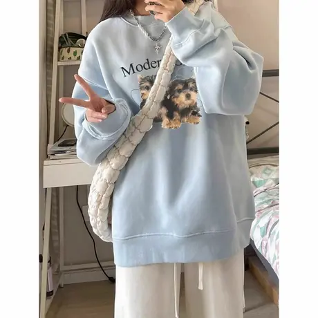 回力蓝色薄款圆领卫衣外套女2025早秋新款宽松休闲巨好看无帽上衣商品大图