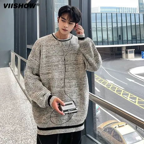 VIISHOW美式秋季潮牌条纹圆领毛衣男士新款休闲百搭针织打底衫男商品大图