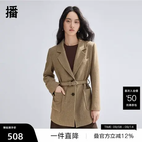 【播奥莱】播人字纹西装毛呢外套商场同款短款复古别致呢子上衣商品大图