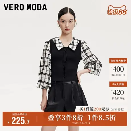 Vero Moda奥莱上衣女秋季新款短款七分泡泡袖拼色学院风休闲流行商品大图