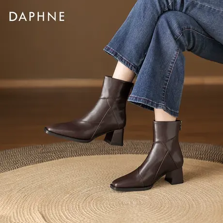 达芙妮方头增高跟小短靴2026新款秋冬季瘦瘦切尔西女款马丁女靴子图片