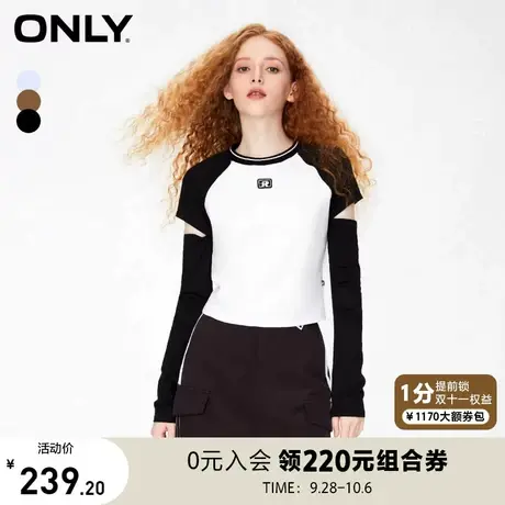 【买4免1】ONLY奥莱秋季新款时尚百搭撞色修身圆领短款长袖T恤女商品大图