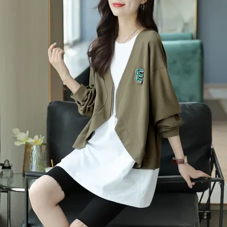 宝诗黎圆领假两件拼接中长T恤女2023新款小众设计感长袖宽松秋装商品大图