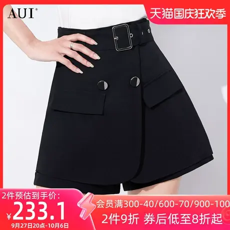 AUI黑色高级感气质阔腿裤2023夏新款设计感小众收腰显瘦休闲短裤商品大图
