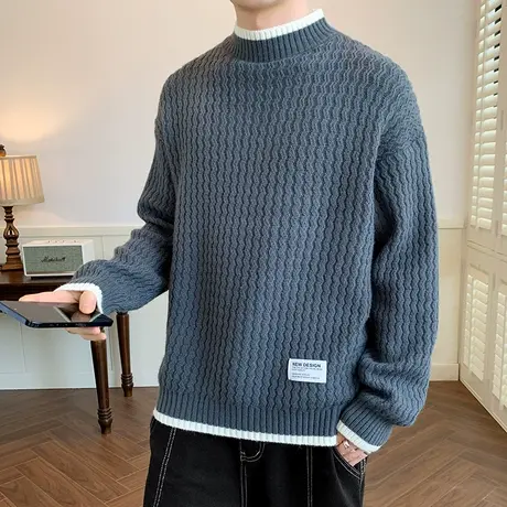 假两件保暖毛衣男冬季半高领针织衫男波浪纹打底衫加厚内搭毛线衣商品大图