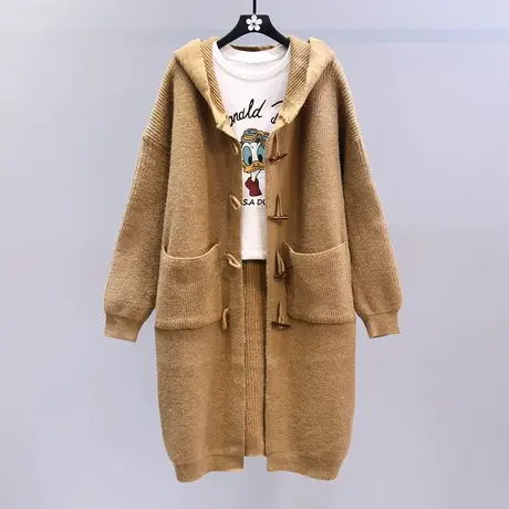 连帽中长款牛角扣毛衣外套女秋冬2023新款宽松慵懒风加厚针织开衫图片