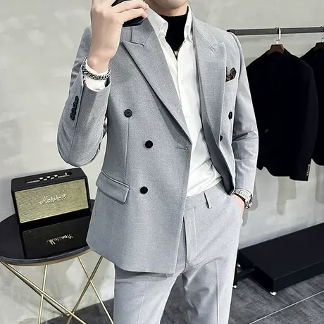 戗驳领双排扣西服男套装秋冬加厚大码外套修身痞帅商务职业正装潮图片