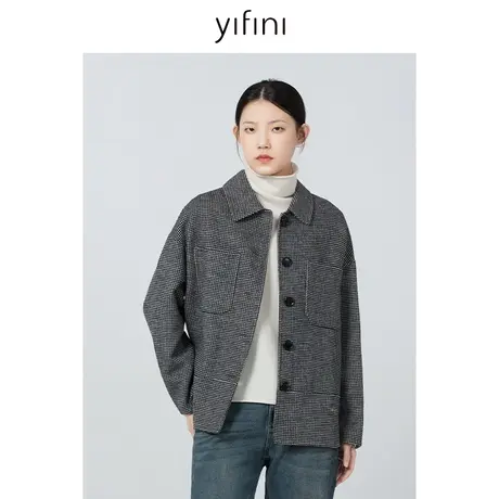 Yifini/易菲100%绵羊毛宽松千鸟格外套2023秋冬新款短款复古上衣商品大图