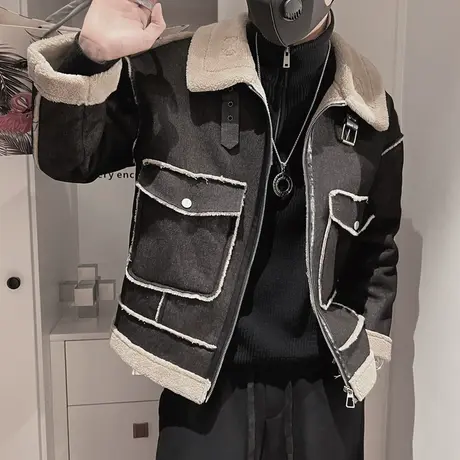 重磅羊羔绒拼皮棉服夹克男冬季个性轻熟机车防风加厚工装口袋外套图片
