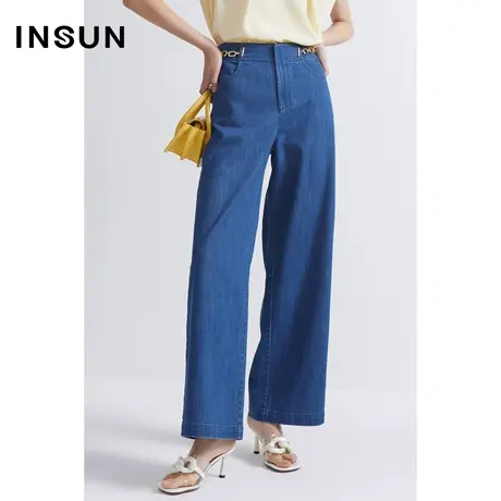 恩裳商场同款夏季棉质舒适透气水洗经典百搭阔腿牛仔裤女商品大图