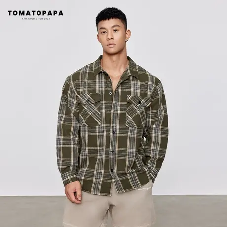 TOMATOPAPA格子衬衫男长袖痞帅日系上衣秋季潮牌工装衬衣纽扣开衫图片