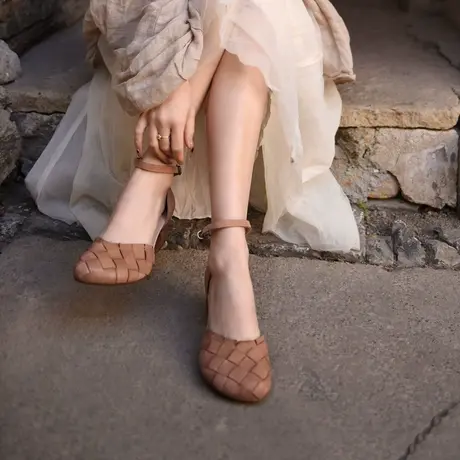 Artmu阿木原创森系中空单鞋女粗跟一字扣女鞋编织包头凉鞋新款图片