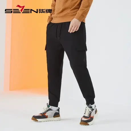 柒牌卫裤男2022秋季新款时尚潮流青年提花满印黑色束脚工装长裤子商品大图