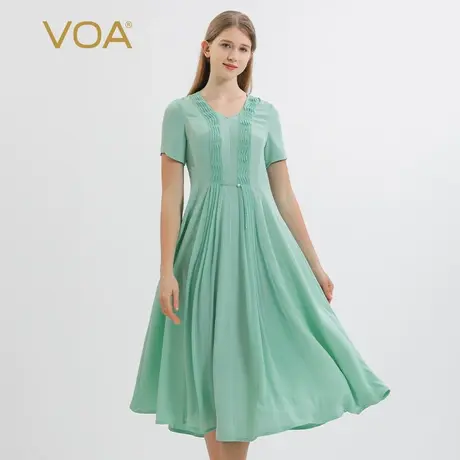 VOA30姆米重磅桑蚕丝绿色V领短袖拼接乔其丝绸珍珠装饰真丝连衣裙图片