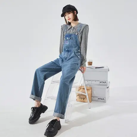 唐狮牛仔背带裤子女春秋秋季新款宽松阔腿直筒韩版潮流百搭减龄图片