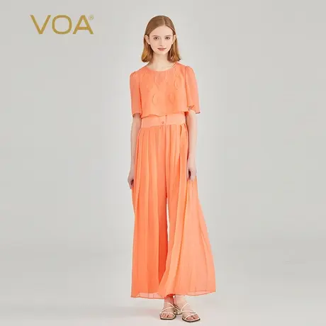 VOA22姆米暗纹提花真丝拼接双层乔其丝绸飘逸真丝两件套连体纱裤图片