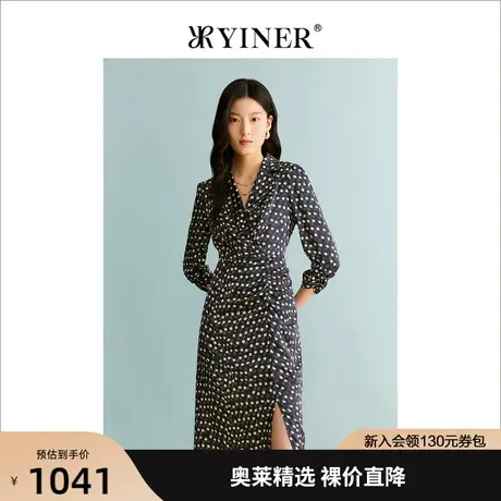 YINER音儿女装2023秋季新款高雅印花法式收褶连衣裙图片