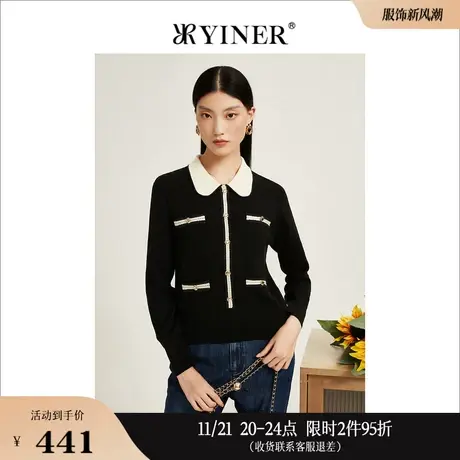 YINER音儿奥莱女装秋季撞色娃娃领长袖毛衣坑条针织衫上衣商品大图