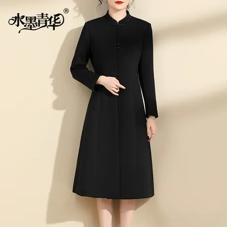 水墨青华春季新品中长款过膝百搭外套女时尚显瘦针织保暖大衣图片