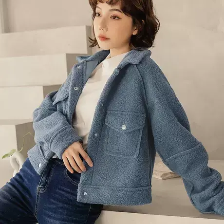 桔熊秋冬季蓬松绒毛保暖翻领短款外套炸街加厚机车服女大码EA3431图片