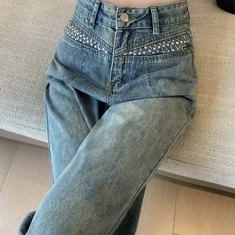 复古直筒牛仔裤女2024春秋高腰显瘦宽松设计感贴钻垂感阔腿拖地裤商品大图