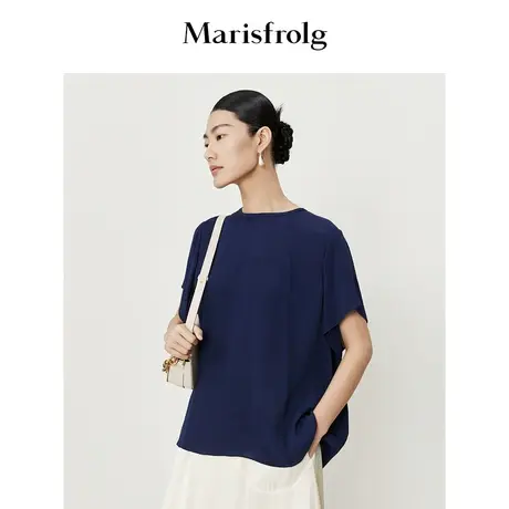玛丝菲尔夏季新款桑蚕丝百搭藏青色通勤休闲短袖T恤衬衫女商品大图