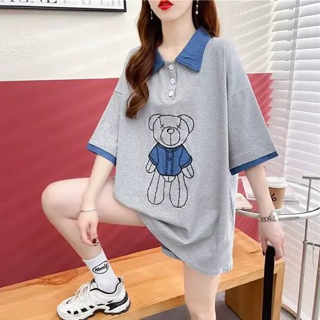 翻领polo衫短袖t恤女夏季韩版宽松大码女装中长款下衣失踪上衣服商品大图