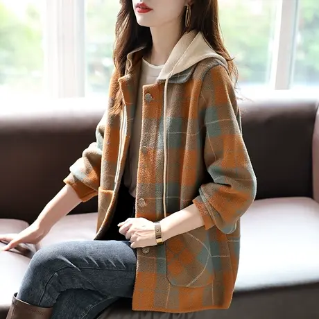 宝诗黎连帽格子拼接中长款外套口袋上衣2024新款时尚气质韩版女装商品大图