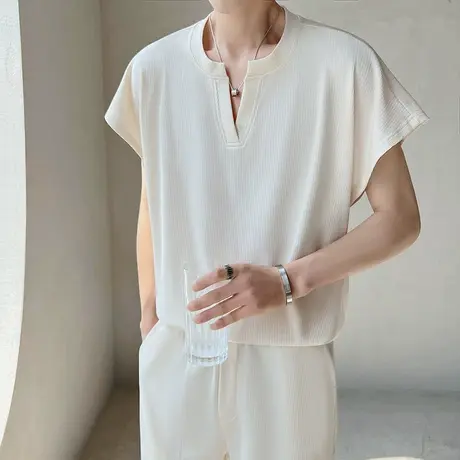 V领短袖T恤男夏季韩版潮流百搭休闲纯色个性青少年潮牌半袖体恤商品大图