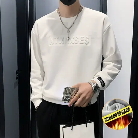 加绒卫衣男秋冬季新款纯色休闲字母印花t恤重磅加厚内搭上衣外套商品大图