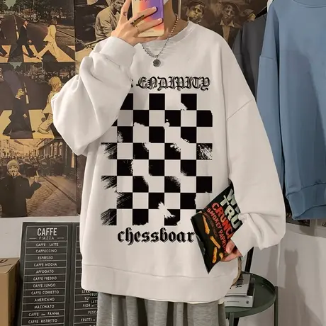 棋盘格卫衣男春秋季潮牌打底衫潮牌内搭宽松无帽外套男生格子衣服商品大图