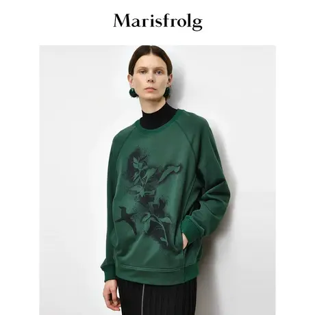 【商场同款】玛丝菲尔2023年秋季新款森林绿圆领剪影印花纯棉卫衣商品大图