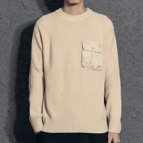 奕飏立体口袋纯色简约毛衣男士冬季厚款圆领套头针织线衣休闲百搭商品大图