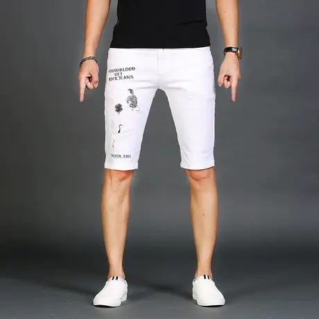 秋冬男款男士刺绣五分白色牛仔短裤男潮牌休闲修身裤子2023年新款图片